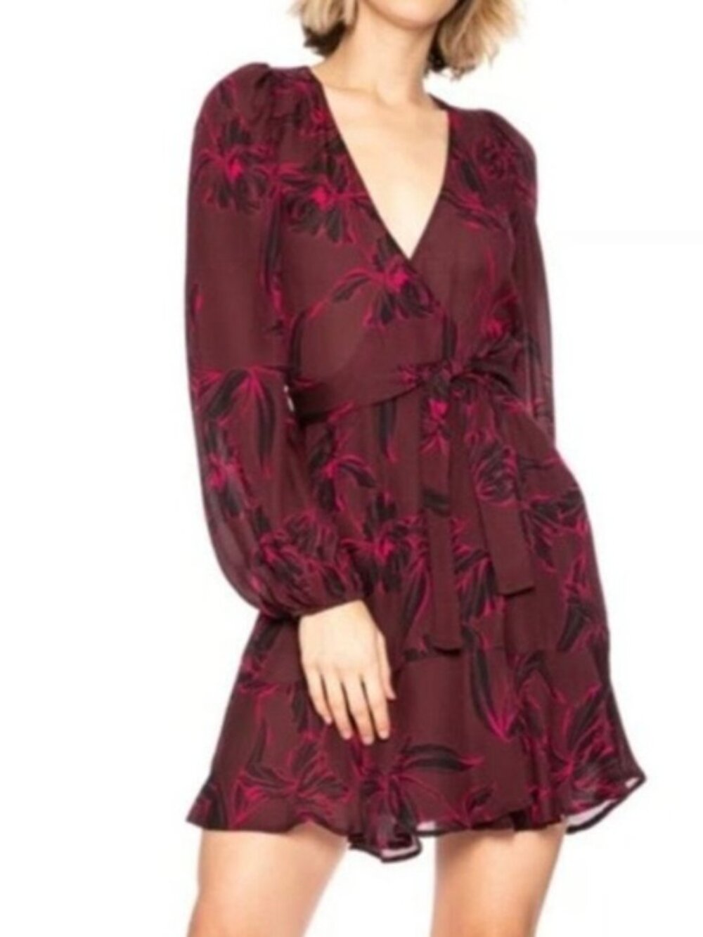 NWOT ALC silk Floral wrap Dress in Burgundy and Pink